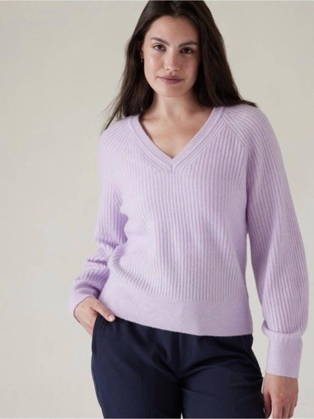 Athleta Layover V-neck Wool Blend Ribbed Knit Sweater Size Small Petite